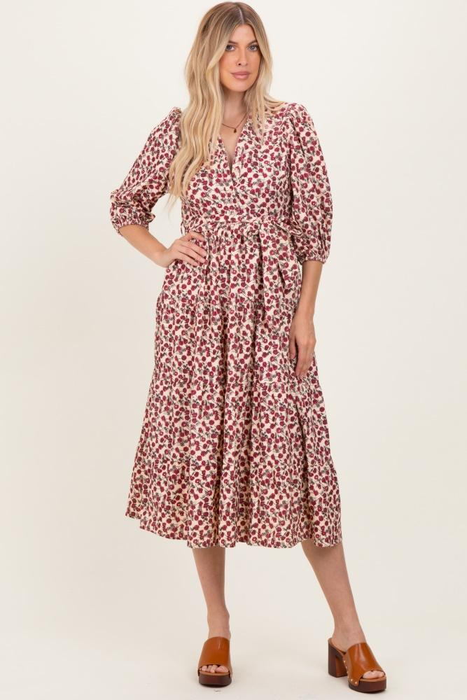 cream floral button down front tie midi dress