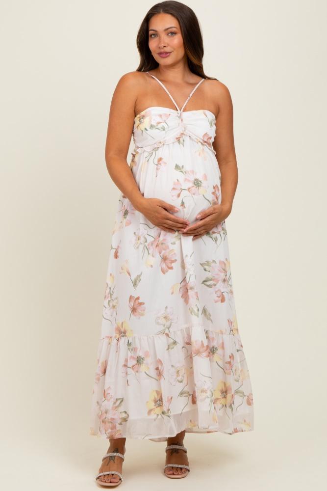 cream floral chiffon halter maternity maxi dress