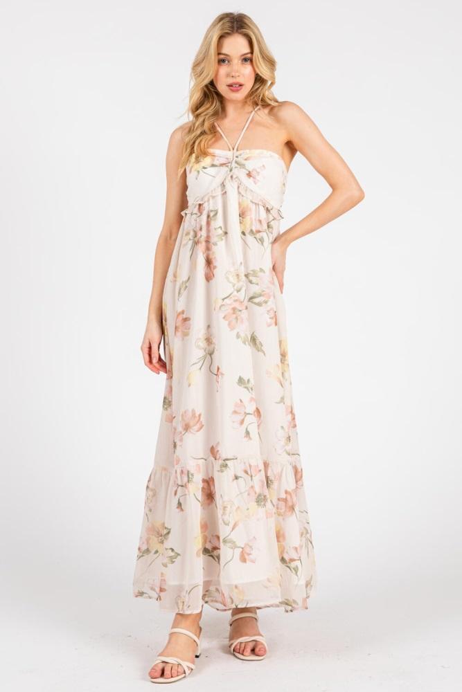 cream floral chiffon halter maxi dress