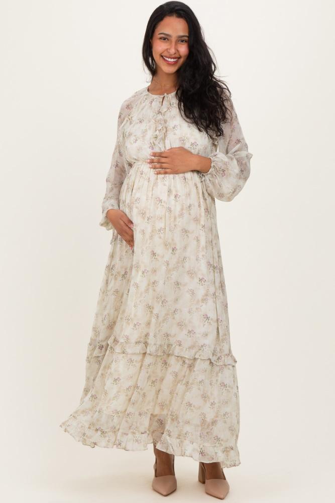 cream floral chiffon ruffle detail maternity maxi dress