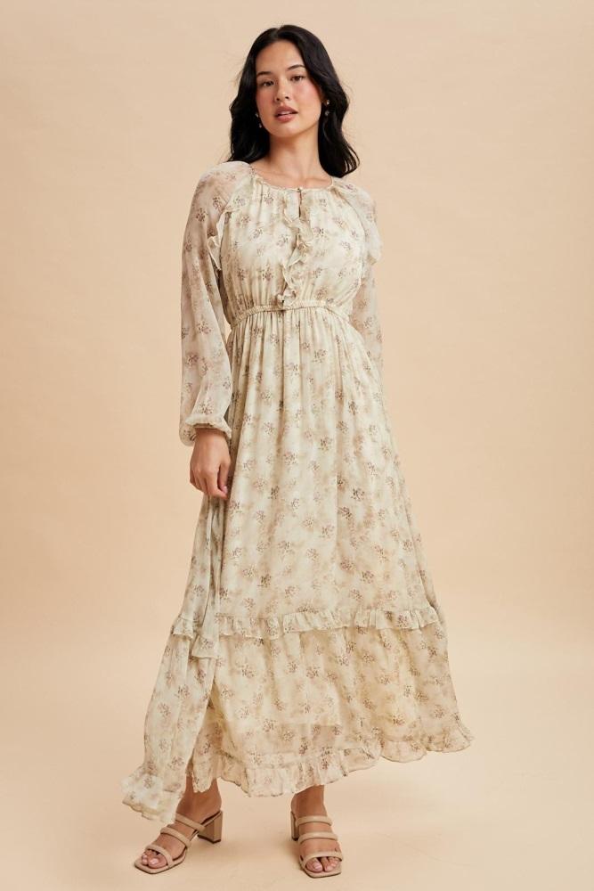cream floral chiffon ruffle detail maxi dress