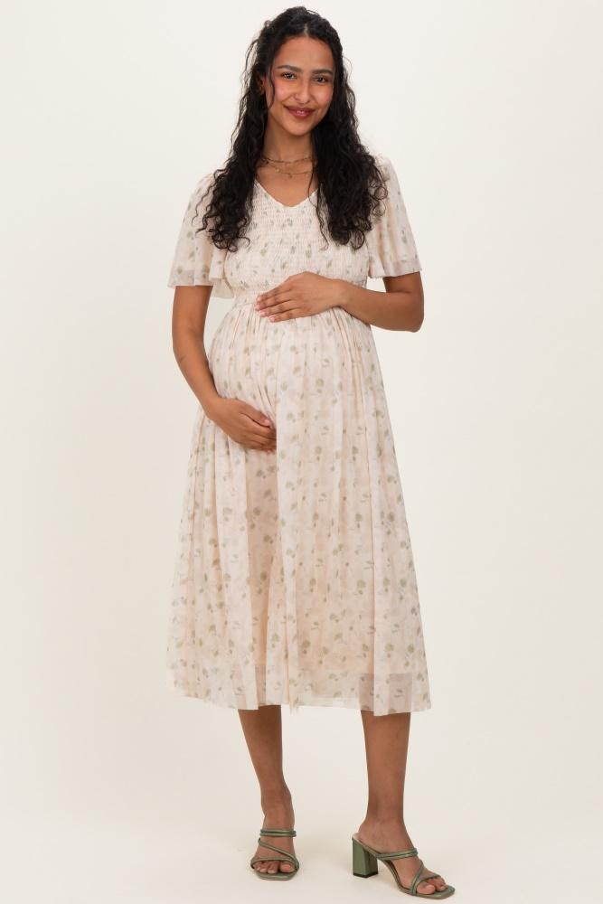 cream floral chiffon smocked maternity midi dress