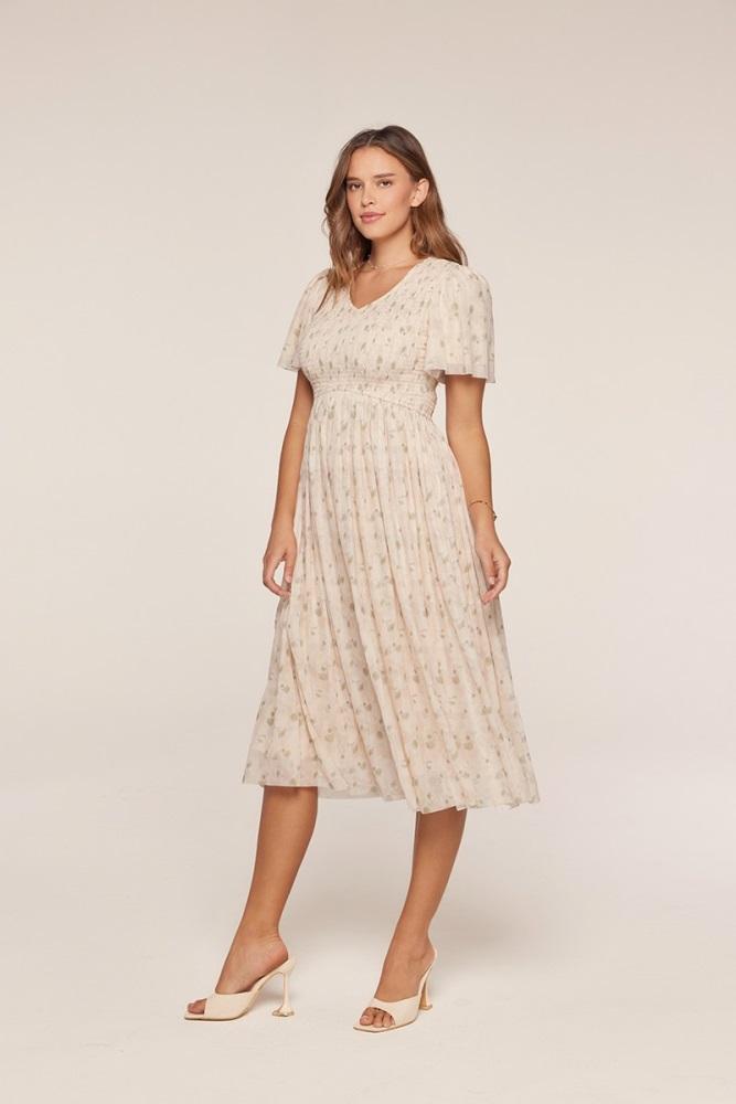 cream floral chiffon smocked midi dress