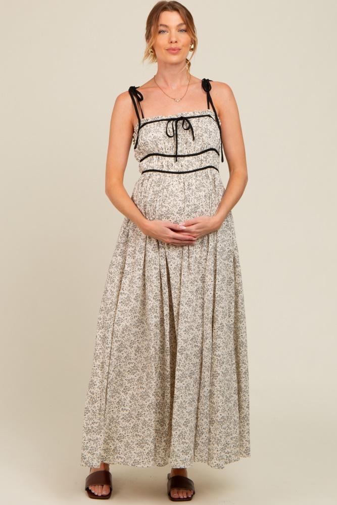cream floral contrast ribbon trim maternity maxi dress
