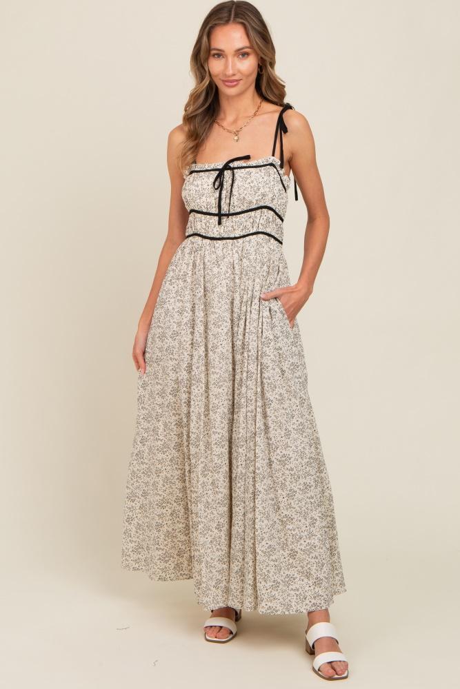 cream floral contrast ribbon trim maxi dress