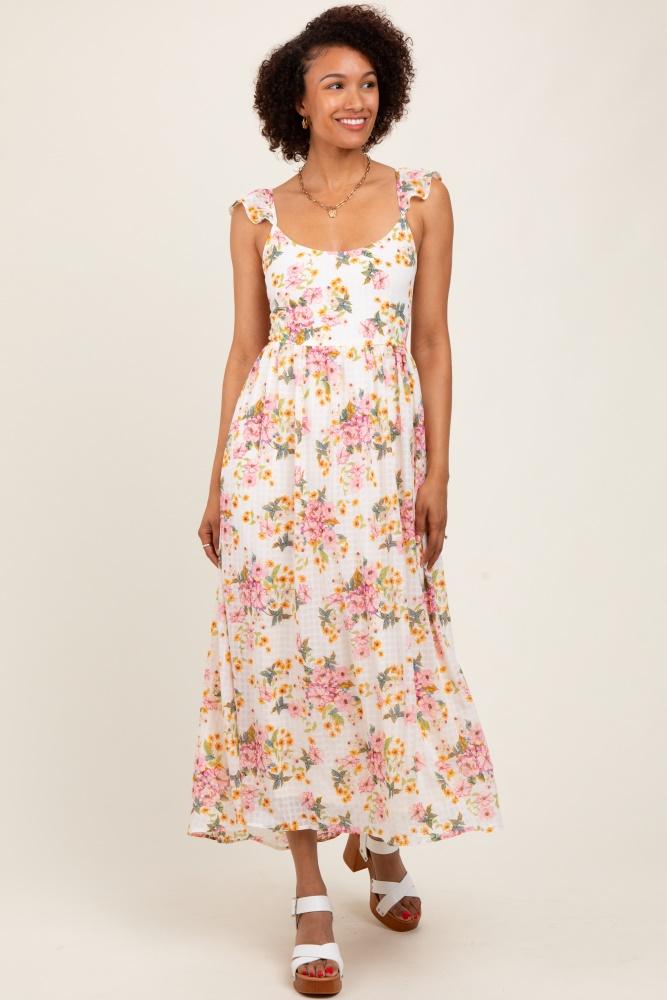 cream floral cutout tie back midi dress