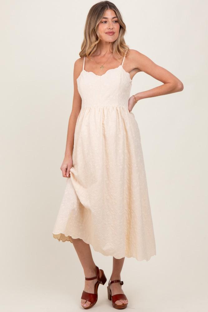 cream floral embroidered scallop detail maternity midi dress