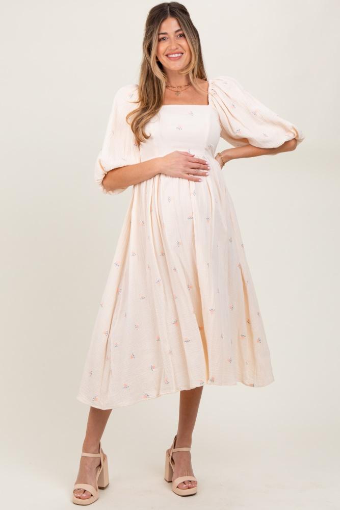 cream floral maternity midi dress
