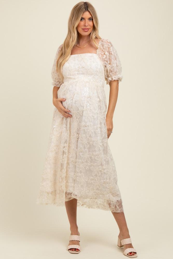cream floral mesh overlay tie back maternity midi dress