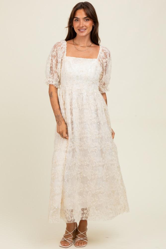cream floral mesh overlay tie back midi dress