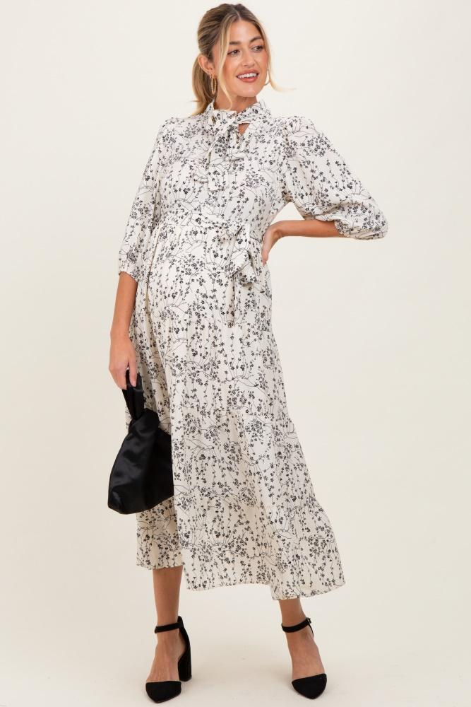 cream floral neck tie maternity midi dress