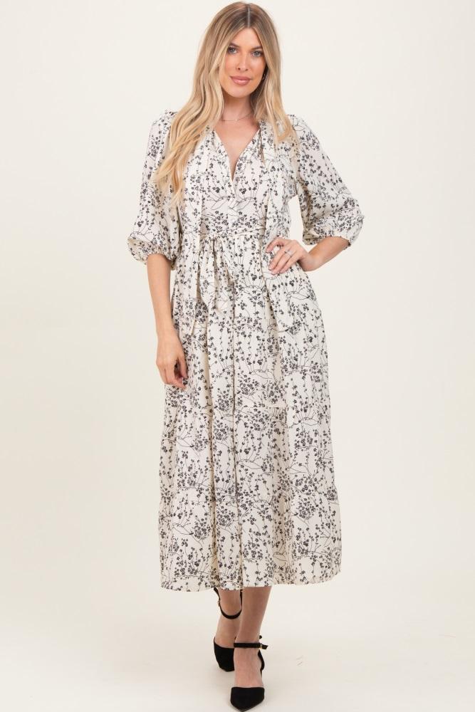 cream floral neck tie midi dress