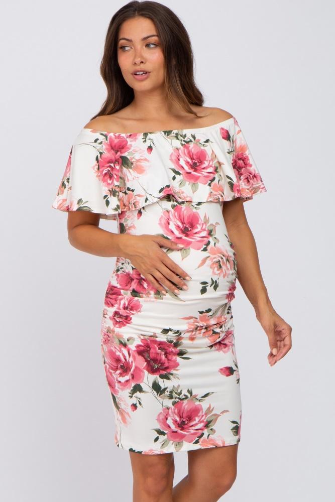 cream floral off shoulder maternity fitted dress