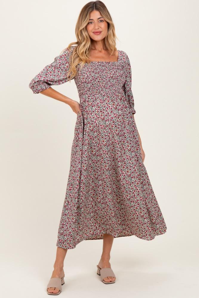 cream floral print smocked bodice maternity maxi dress