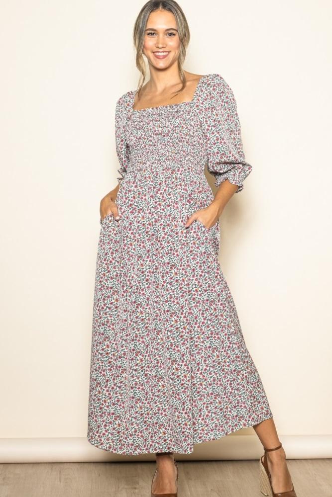 cream floral print smocked bodice maxi dress
