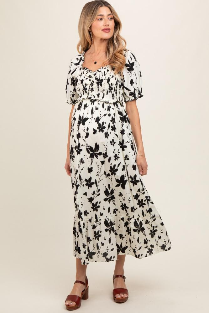 cream floral puff sleeve maternity midi dress