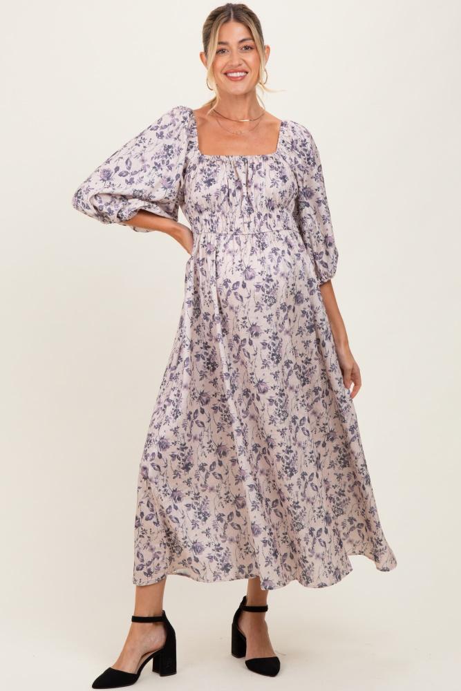 cream floral puff sleeve smocked waist maternity midi dress