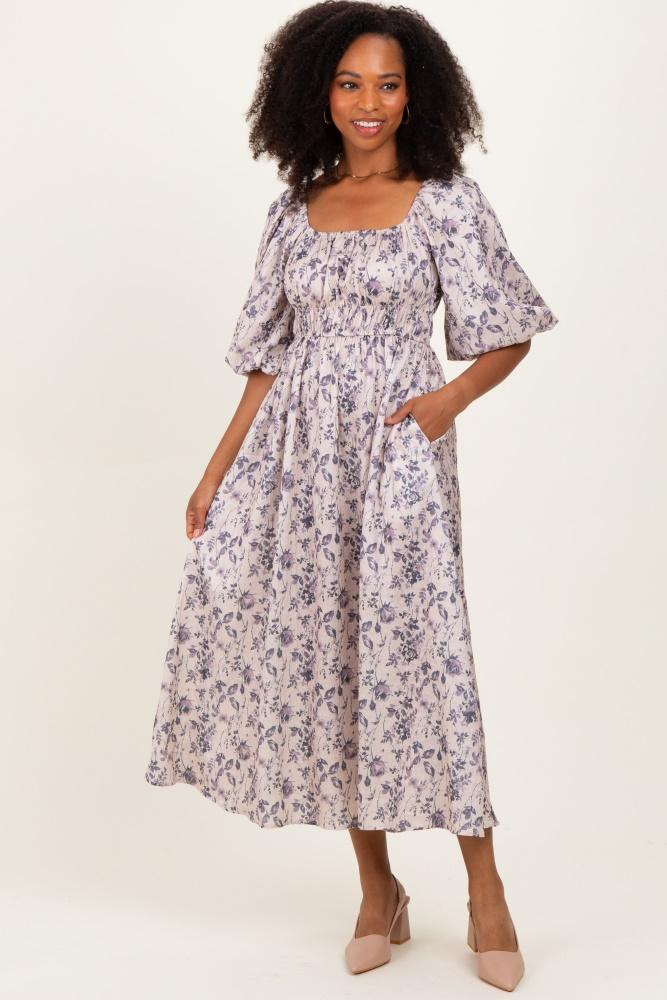 cream floral puff sleeve smocked waist midi dress