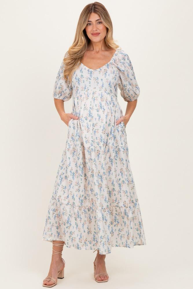 cream floral puff sleeve tiered maternity maxi dress