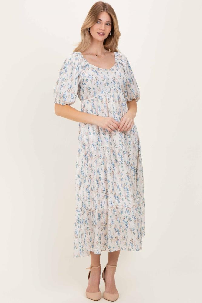cream floral puff sleeve tiered maxi dress