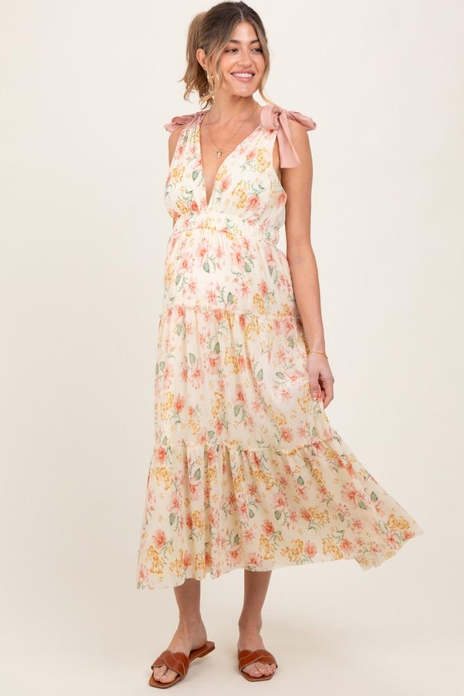 cream floral shoulder tie deep v-neck tiered maternity maxi dress