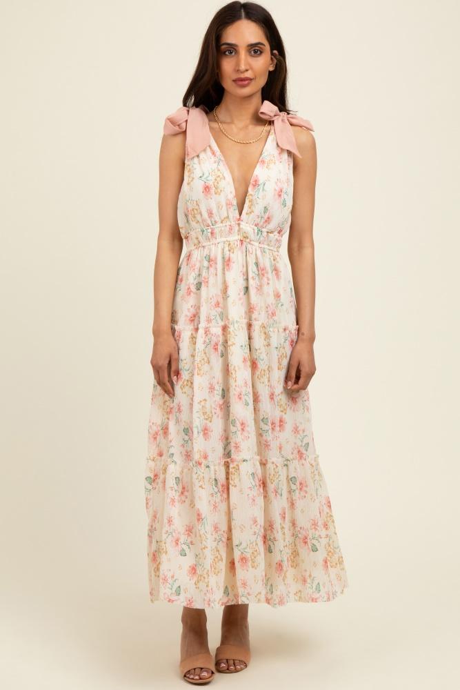 cream floral shoulder tie deep v-neck tiered maxi dress