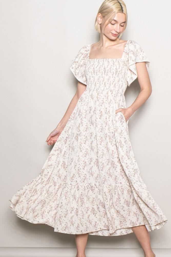 cream floral smocked lace trim flutter sleeve midi dress