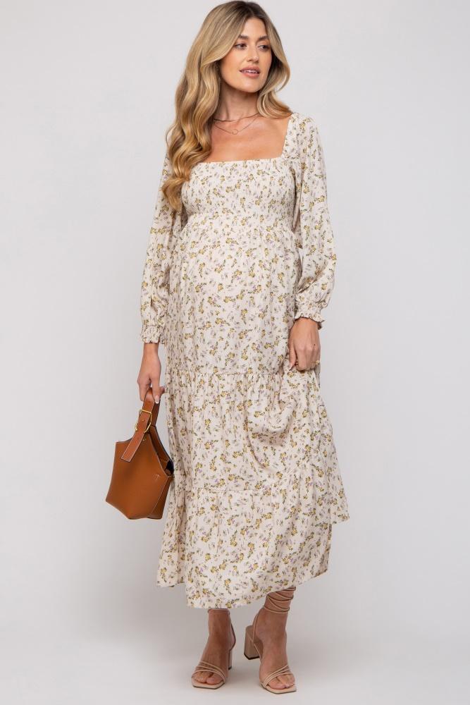 cream floral smocked long sleeve maternity maxi dress