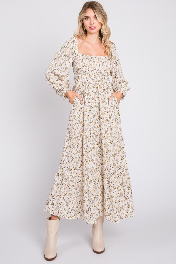 cream floral smocked long sleeve maxi dress