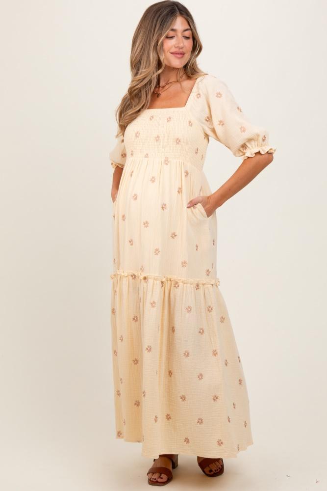 cream floral smocked puff sleeve maternity maxi dress