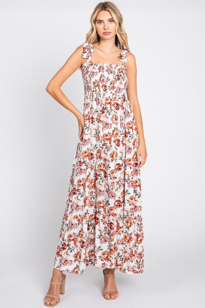 cream floral smocked shoulder tie tiered maxi dress