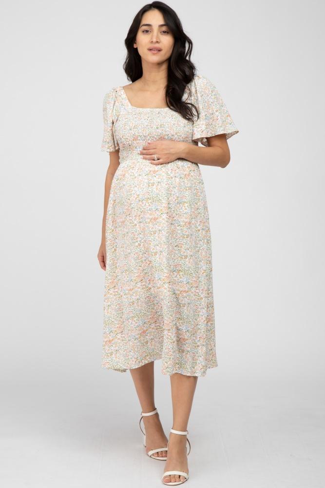 cream floral smocked square neck maternity midi dress