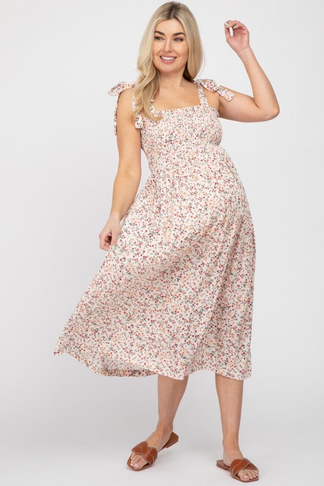 cream floral smocked tie strap maternity midi dress