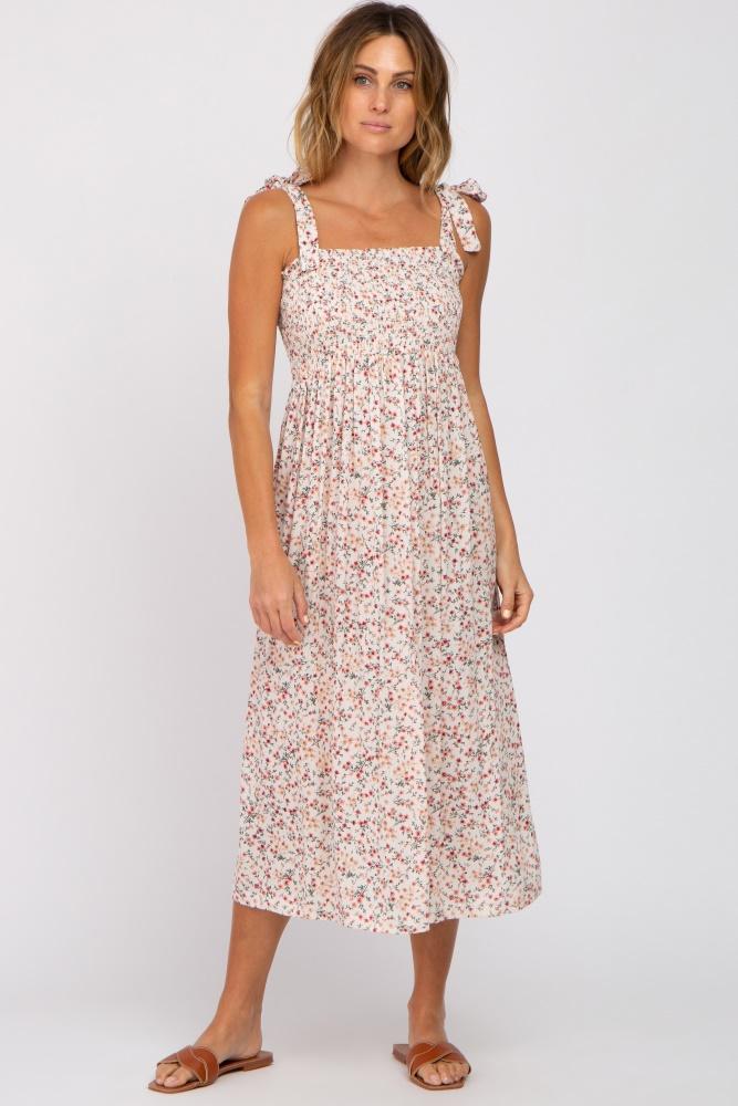 cream floral smocked tie strap midi dress