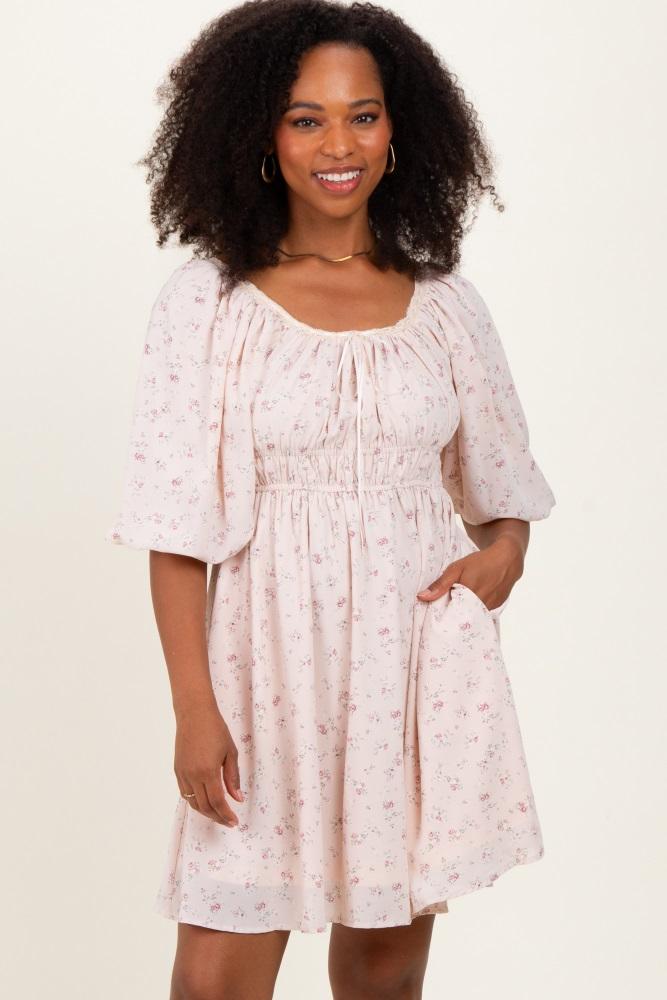 cream floral square neck bubble sleeve dress