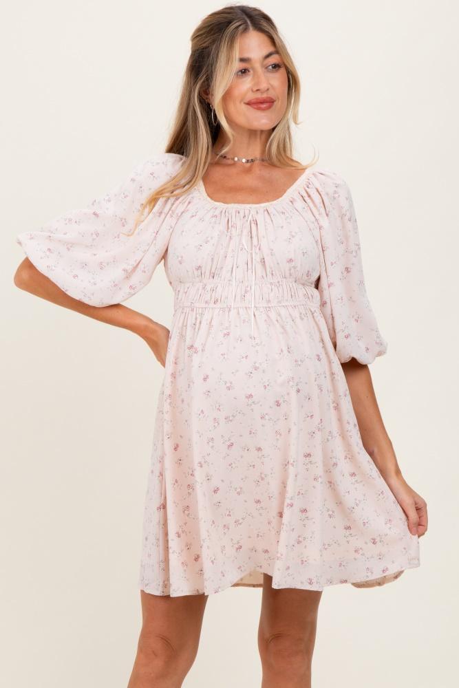 cream floral square neck bubble sleeve maternity dress