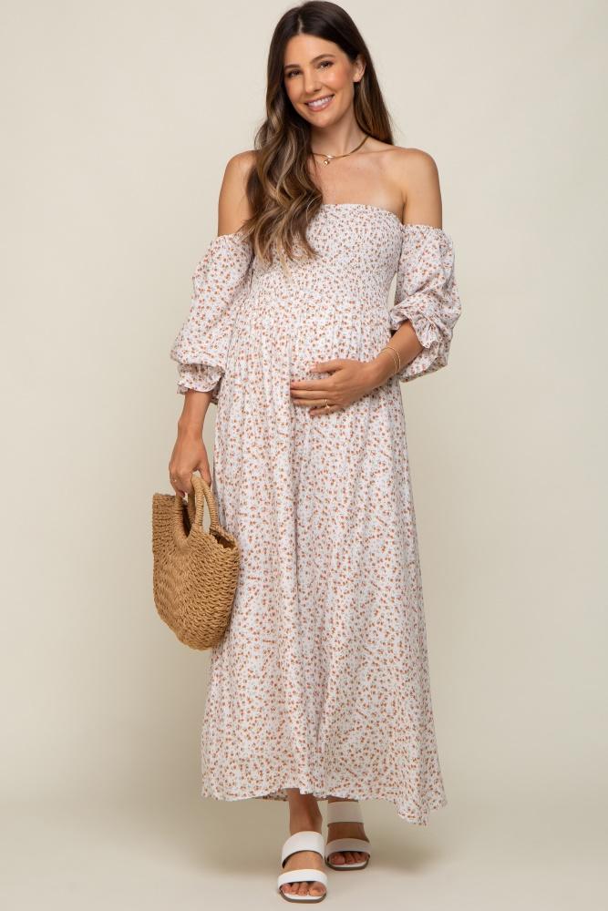 cream floral square neck smocked long sleeve maternity maxi dress
