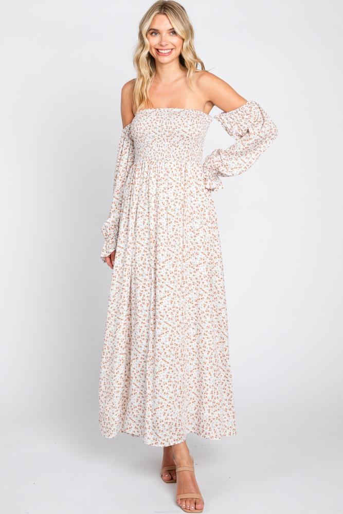 cream floral square neck smocked long sleeve maxi dress