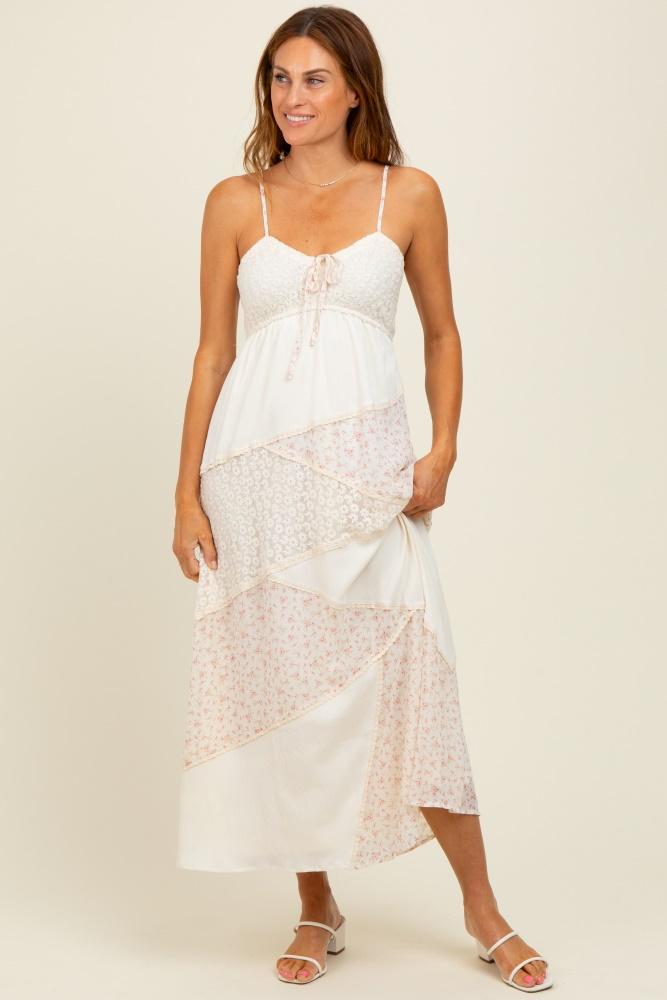 cream floral sweetheart neck midi dress