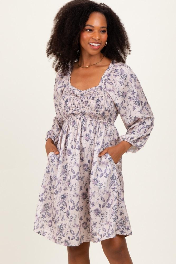 cream floral sweetheart neck smocked dress