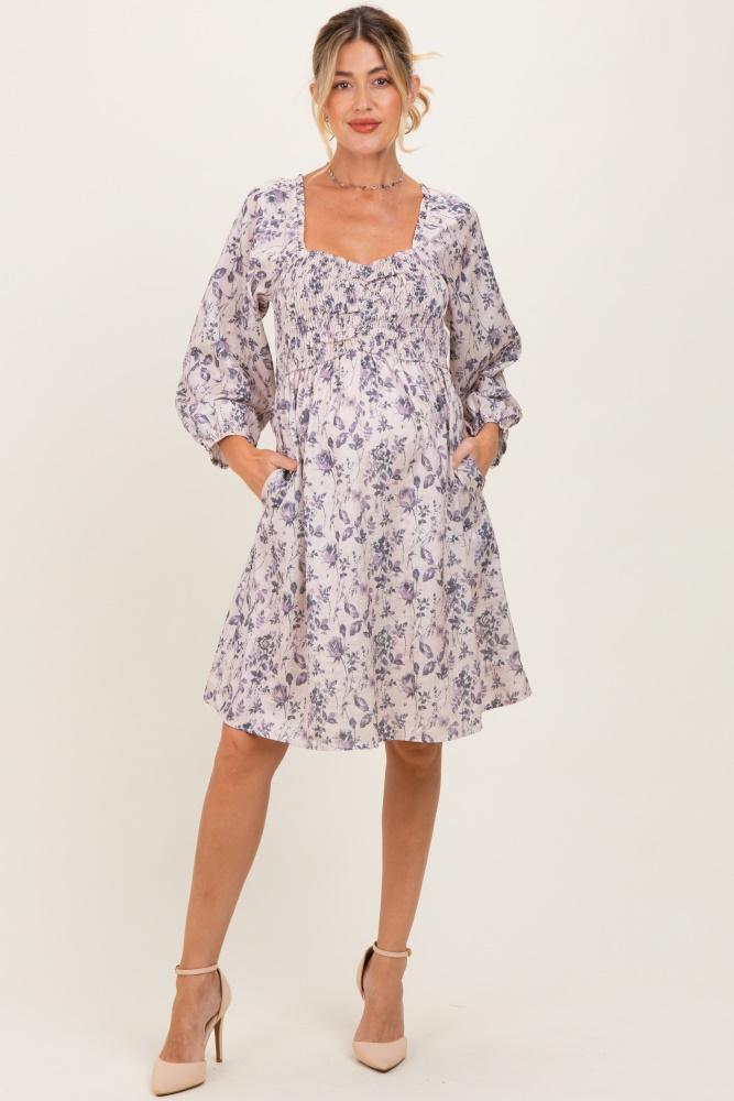 cream floral sweetheart neck smocked maternity dress