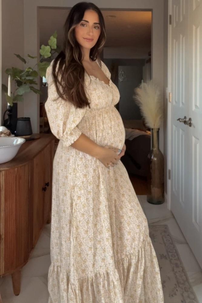 cream floral sweetheart neckline maternity maxi dress