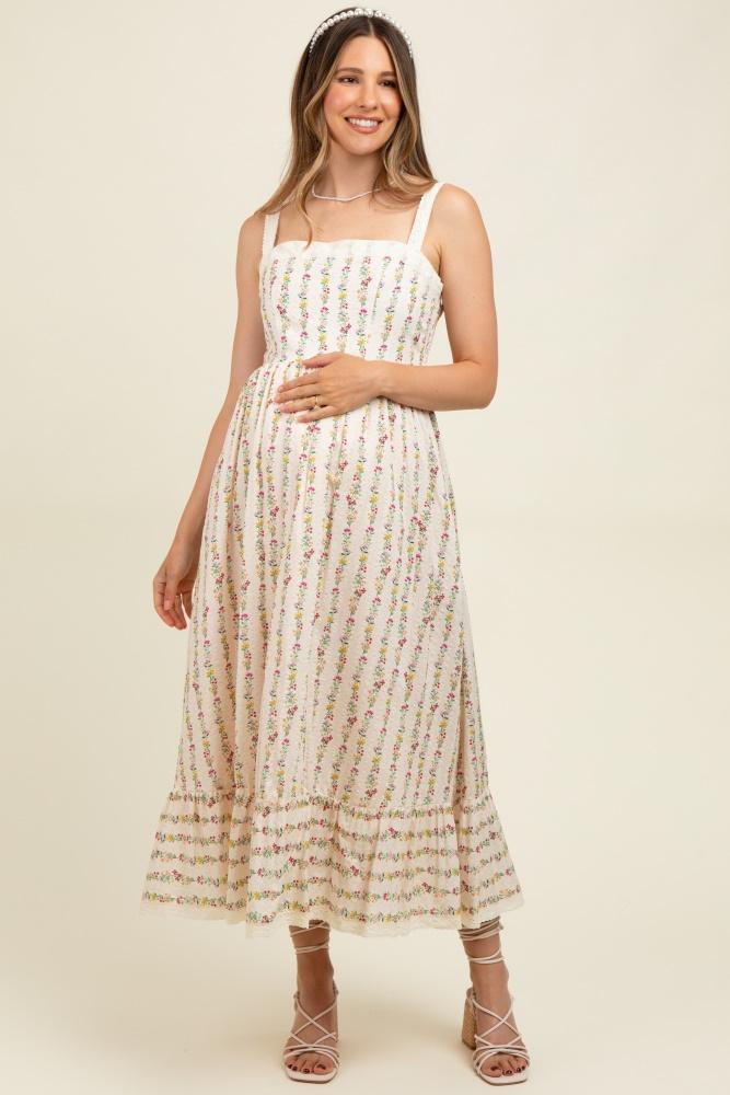 cream floral textured cotton lace trim maternity maxi dress