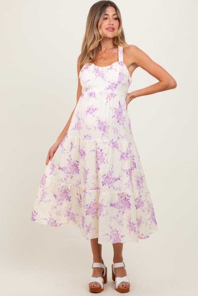 cream floral tiered crisscross back maternity midi dress