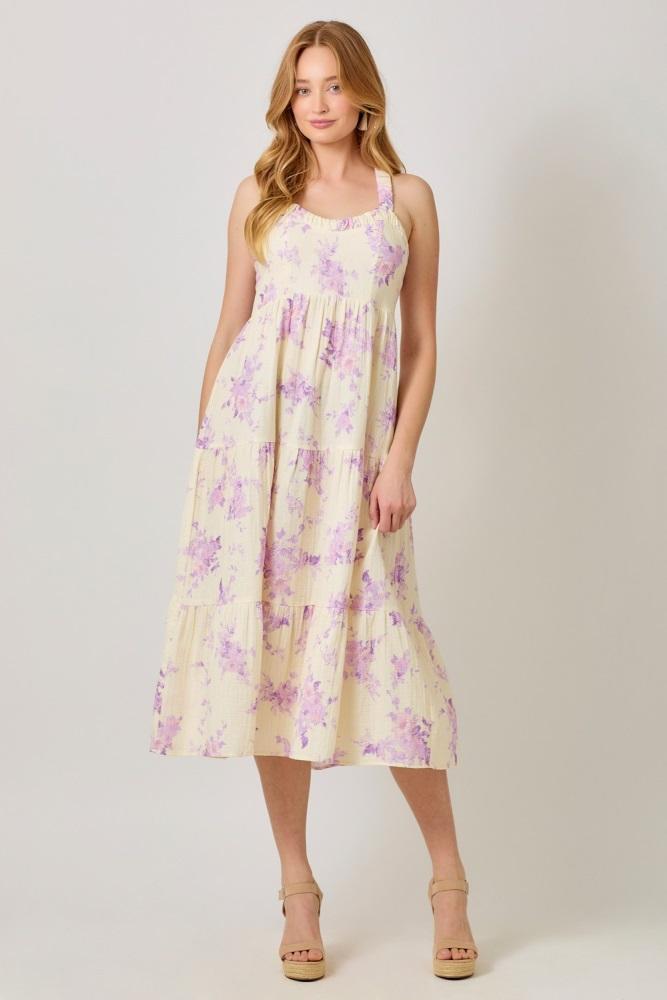 cream floral tiered crisscross back midi dress