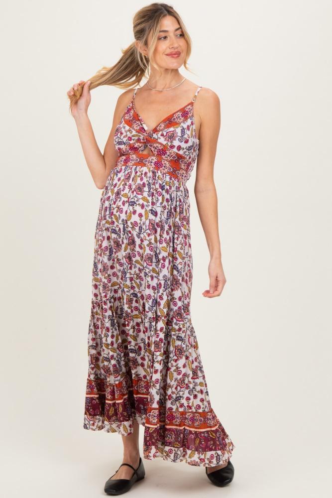cream floral twist front cutout maternity maxi dress