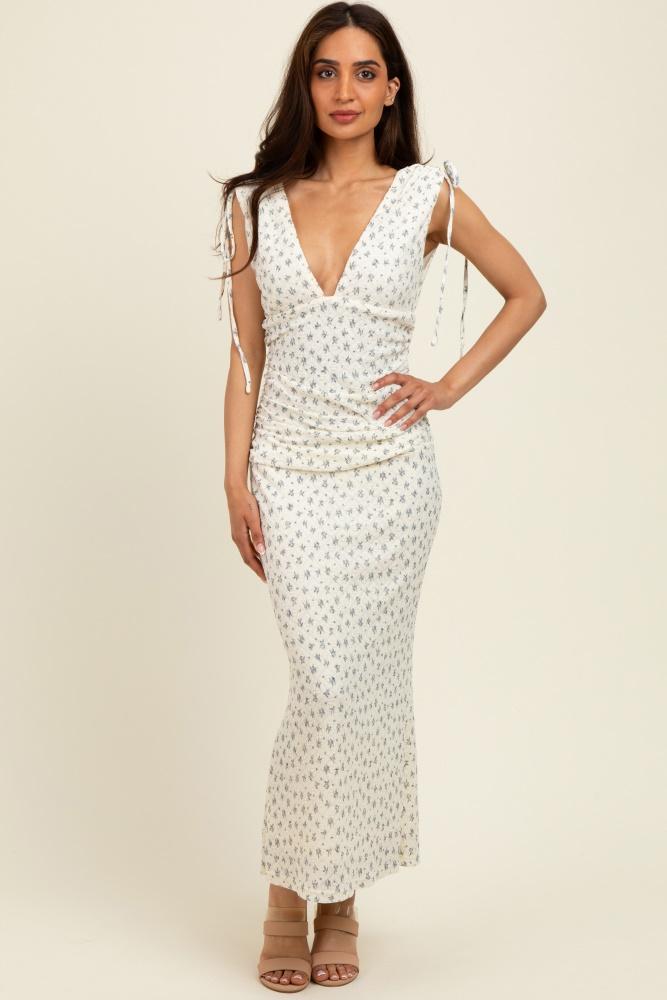 cream floral v-neck shoulder tie midi dress