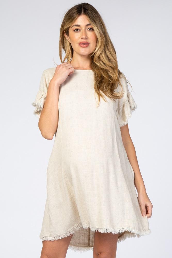 cream frayed trim back keyhole linen maternity dress