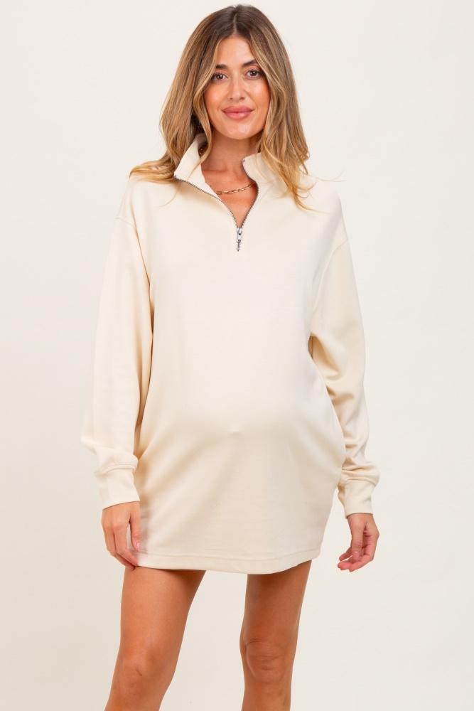 cream half zip long sleeve maternity mini dress