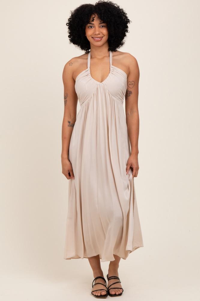 cream halter neck side slit midi dress